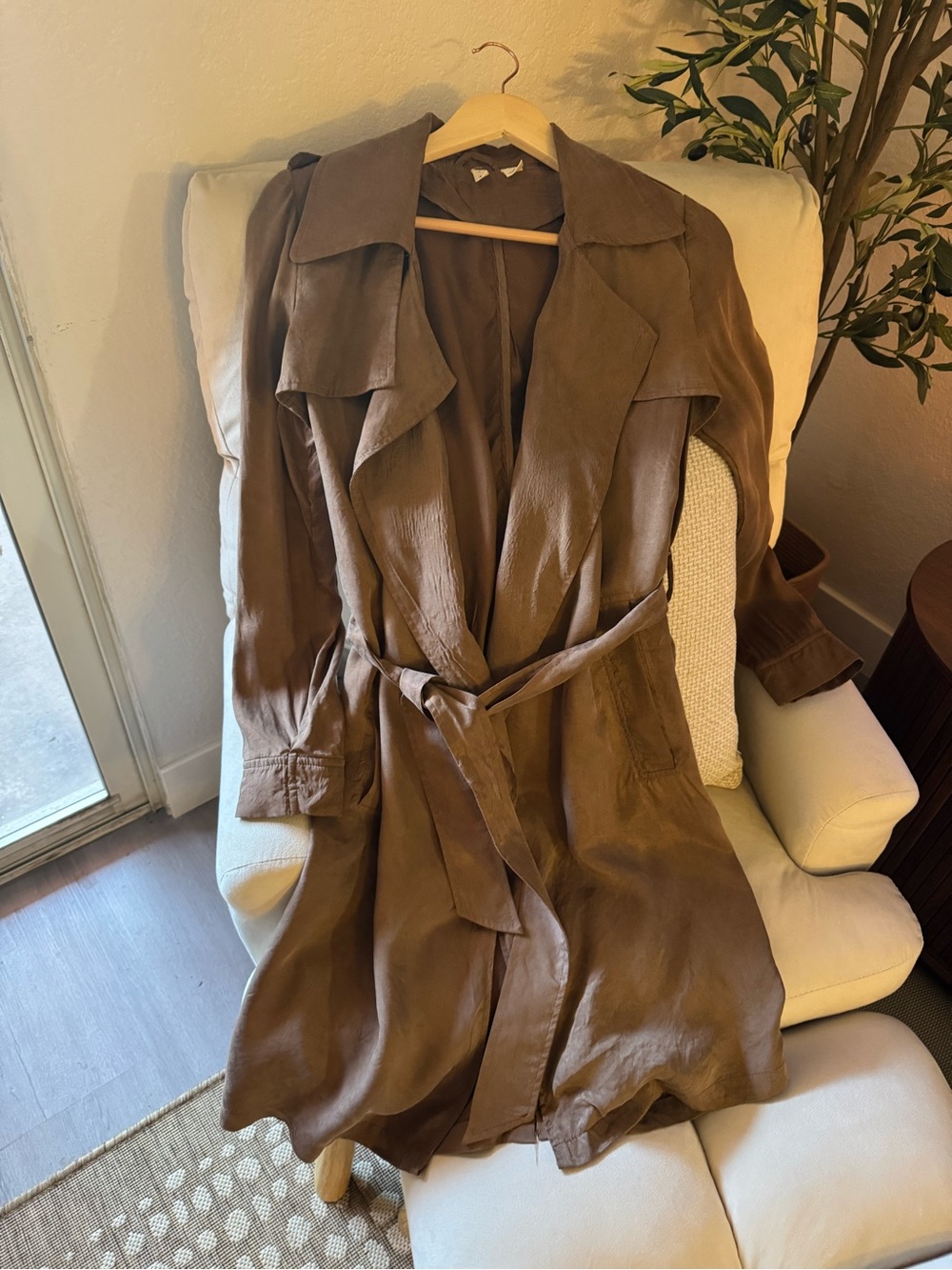 Moth Anthropologie Brown Cupro Drape Trench Coat Tie Waist Lightweight Jacket S